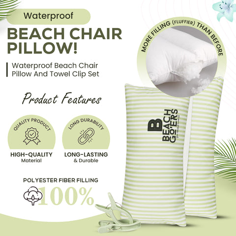 Waterproof Beach Chair Pillow and Towel Clips Set | Pastel Green